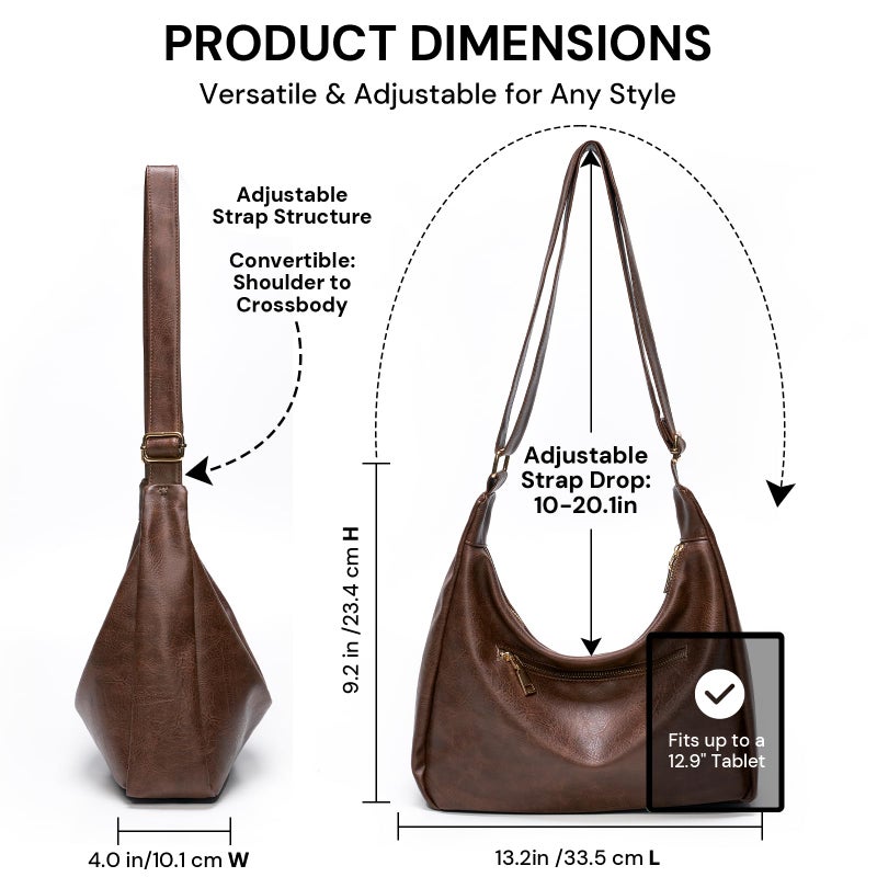 YDF Purses for Women Slouchy Shoulder Bag Hobo Bag Soft Vegan Leather Adjustable Wide Strap Crossbody Tote Multi Pocket Handbags - Image 4