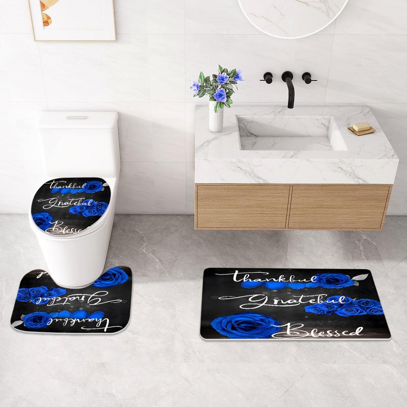 Litabel 4 Pcs Royal Blue Rose Shower Curtain Set with Non-Slip Rugs, Toilet Lid Cover and Bath Mat, Thankful Grateful Blessed Romantic Elegant Floral Bathroom Decor Set with Shower Curtain and Rugs - Image 4