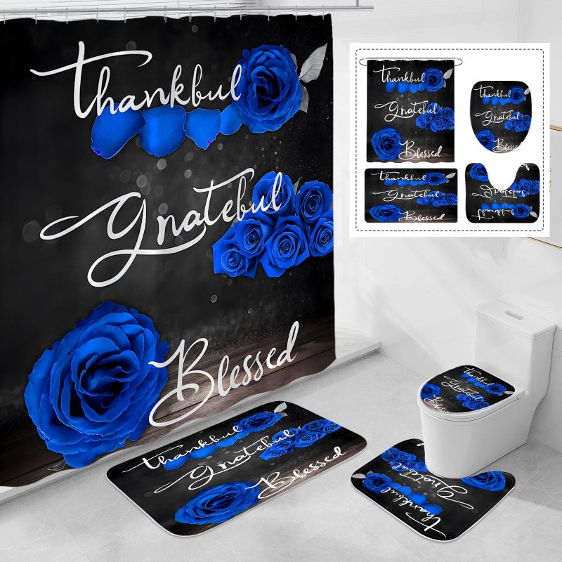 Litabel 4 Pcs Royal Blue Rose Shower Curtain Set with Non-Slip Rugs, Toilet Lid Cover and Bath Mat, Thankful Grateful Blessed Romantic Elegant Floral Bathroom Decor Set with Shower Curtain and Rugs - Image 1