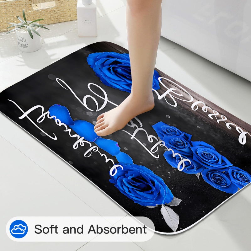 Litabel 4 Pcs Royal Blue Rose Shower Curtain Set with Non-Slip Rugs, Toilet Lid Cover and Bath Mat, Thankful Grateful Blessed Romantic Elegant Floral Bathroom Decor Set with Shower Curtain and Rugs - Image 5