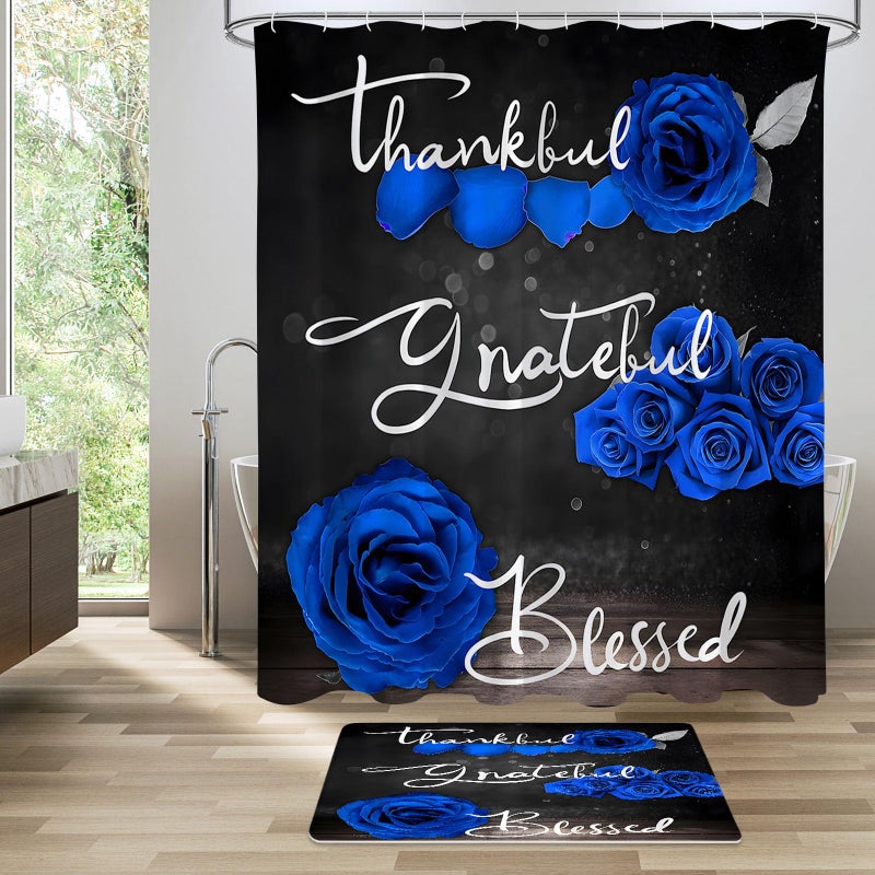 Litabel 4 Pcs Royal Blue Rose Shower Curtain Set with Non-Slip Rugs, Toilet Lid Cover and Bath Mat, Thankful Grateful Blessed Romantic Elegant Floral Bathroom Decor Set with Shower Curtain and Rugs - Image 3