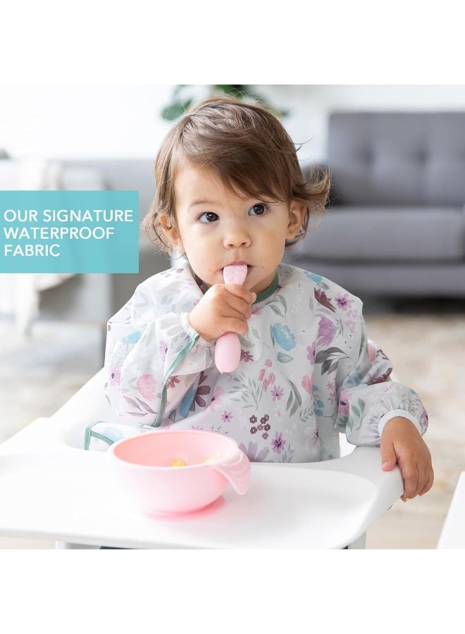 Bumkins Sleeved Bib for Girl or Boy, Baby and Toddler for 6-24 Mos, Essential Must Have for Eating, Feeding, Baby Led Weaning Supplies, Long Sleeve Mess Saving Food Catcher, Soft Fabric, Floral Gray - Image 3