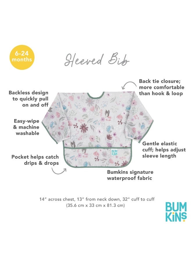 Bumkins Sleeved Bib for Girl or Boy, Baby and Toddler for 6-24 Mos, Essential Must Have for Eating, Feeding, Baby Led Weaning Supplies, Long Sleeve Mess Saving Food Catcher, Soft Fabric, Floral Gray - Image 5