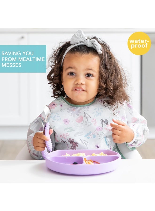 Bumkins Sleeved Bib for Girl or Boy, Baby and Toddler for 6-24 Mos, Essential Must Have for Eating, Feeding, Baby Led Weaning Supplies, Long Sleeve Mess Saving Food Catcher, Soft Fabric, Floral Gray - Image 2