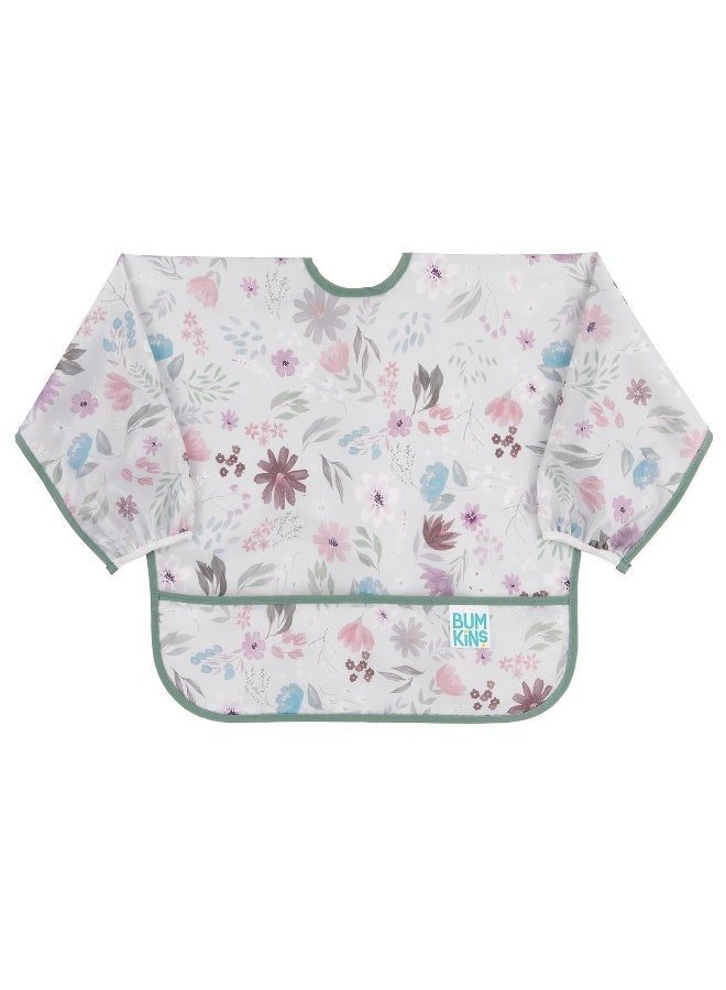 Bumkins Sleeved Bib for Girl or Boy, Baby and Toddler for 6-24 Mos, Essential Must Have for Eating, Feeding, Baby Led Weaning Supplies, Long Sleeve Mess Saving Food Catcher, Soft Fabric, Floral Gray - Image 1