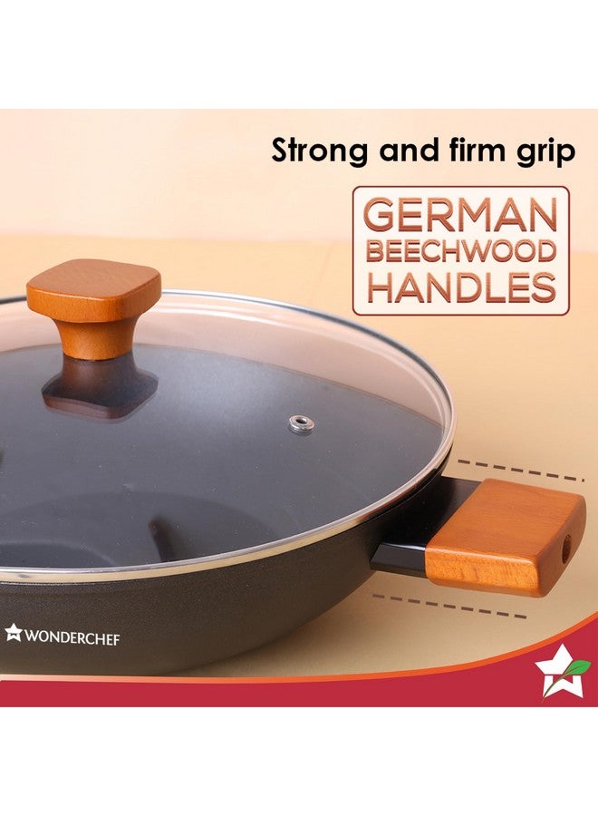 Wonderchef Caesar Forged Virgin Aluminium Kadhai with Glass Lid, 24cm, Black, Greblon C3 Non-Stick Coating, PFOA Free, German Beechwood Handles, Use for Frying, Cooking Rice/Biryani, Gravies, Dals - Image 3