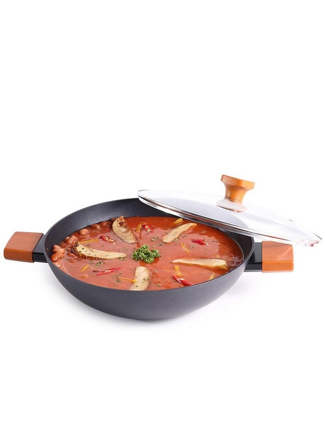 Wonderchef Caesar Forged Virgin Aluminium Kadhai with Glass Lid, 24cm, Black, Greblon C3 Non-Stick Coating, PFOA Free, German Beechwood Handles, Use for Frying, Cooking Rice/Biryani, Gravies, Dals - Image 1