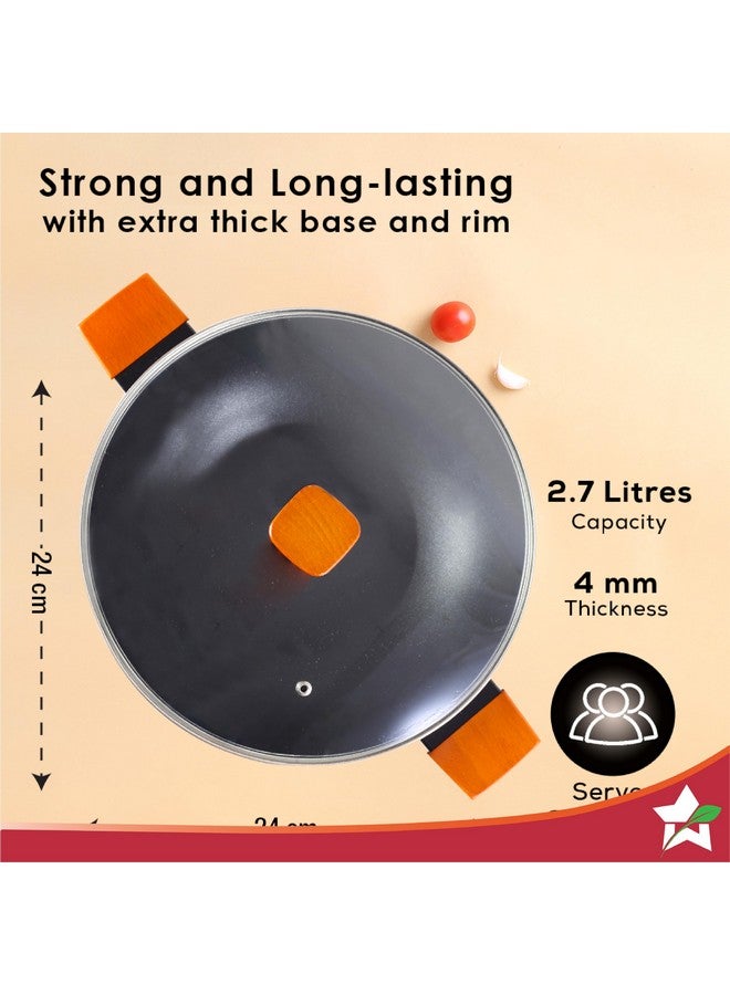 Wonderchef Caesar Forged Virgin Aluminium Kadhai with Glass Lid, 24cm, Black, Greblon C3 Non-Stick Coating, PFOA Free, German Beechwood Handles, Use for Frying, Cooking Rice/Biryani, Gravies, Dals - Image 4