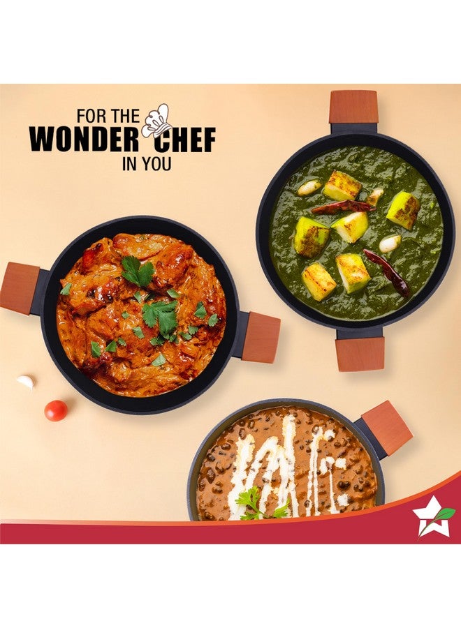 Wonderchef Caesar Forged Virgin Aluminium Kadhai with Glass Lid, 24cm, Black, Greblon C3 Non-Stick Coating, PFOA Free, German Beechwood Handles, Use for Frying, Cooking Rice/Biryani, Gravies, Dals - Image 5