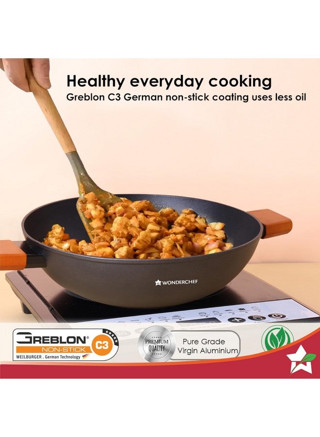 Wonderchef Caesar Forged Virgin Aluminium Kadhai with Glass Lid, 24cm, Black, Greblon C3 Non-Stick Coating, PFOA Free, German Beechwood Handles, Use for Frying, Cooking Rice/Biryani, Gravies, Dals - Image 2