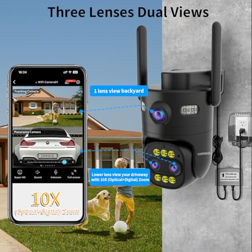 Luovisee Triple-Lens Outdoor Security Camera Auto Zoom & Tracking,10X (Optical+Digital) Zoom,Wired 2.4G/5G WiFi Camera for Home Security,24/7 Continuous Recording,Plug-in,Work With NVR/DVR Surveillance System - Image 2