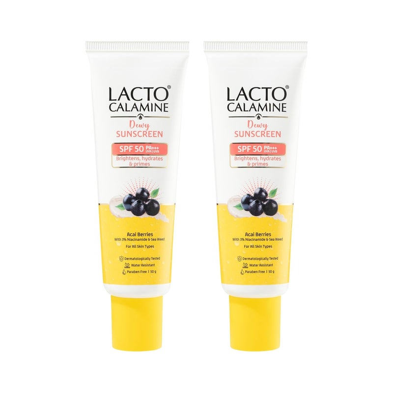 Lacto Calamine Dewy Sunscreen SPF 50 PA 50g x 2 Water Resistant No White Cast UVA UVB Protection Sunscreen SPF50 Primer Acai BerriesNiacinamide Watermelon Dermatologically Tested - Image 1