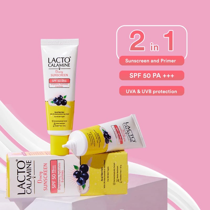 Lacto Calamine Dewy Sunscreen SPF 50 PA 50g x 2 Water Resistant No White Cast UVA UVB Protection Sunscreen SPF50 Primer Acai BerriesNiacinamide Watermelon Dermatologically Tested - Image 4