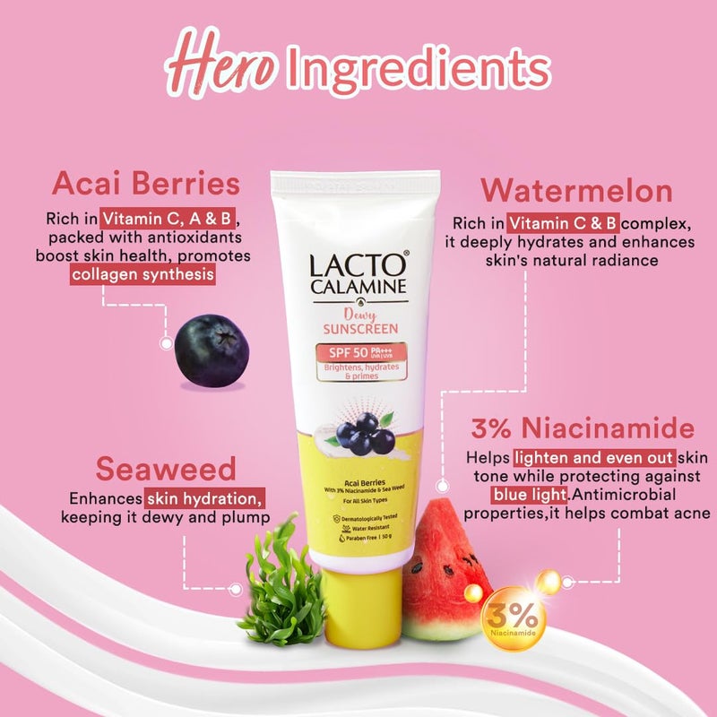 Lacto Calamine Dewy Sunscreen SPF 50 PA 50g x 2 Water Resistant No White Cast UVA UVB Protection Sunscreen SPF50 Primer Acai BerriesNiacinamide Watermelon Dermatologically Tested - Image 3