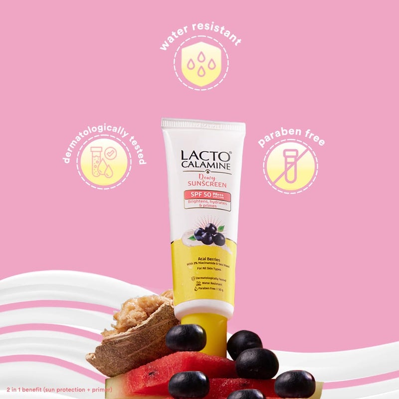 Lacto Calamine Dewy Sunscreen SPF 50 PA 50g x 2 Water Resistant No White Cast UVA UVB Protection Sunscreen SPF50 Primer Acai BerriesNiacinamide Watermelon Dermatologically Tested - Image 5