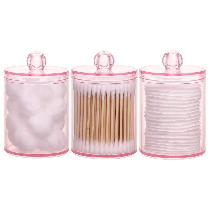 3 PACK COTTON SWAB BALL PAD HOLDER 10 OZ QTIP APOTHECARY JAR PINK MAKEUP ORGANIZER BATHROOM CONTAINERS DISPENSER