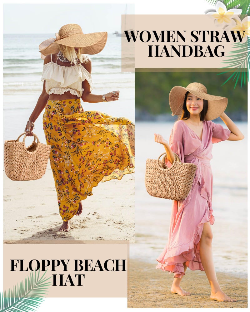 Loetere 5 Pcs Women Straw Bag and Hat Set, Large Straw Beach Bag, Floppy Sun Hats Packable Rattan Earrings for Summer 2025(Classic Style) - Image 5