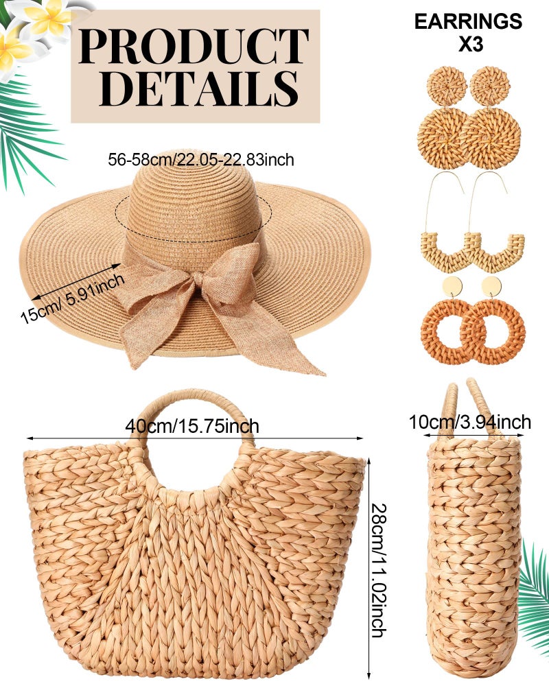 Loetere 5 Pcs Women Straw Bag and Hat Set, Large Straw Beach Bag, Floppy Sun Hats Packable Rattan Earrings for Summer 2025(Classic Style) - Image 2