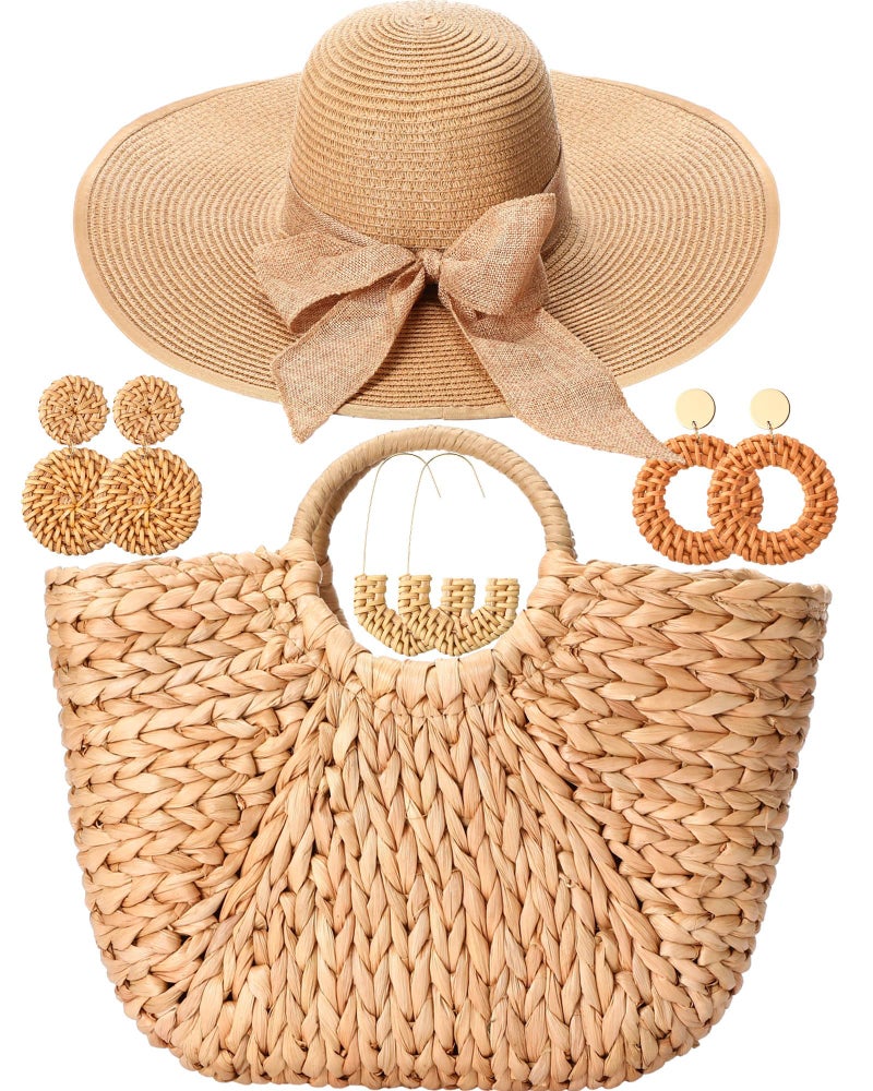Loetere 5 Pcs Women Straw Bag and Hat Set, Large Straw Beach Bag, Floppy Sun Hats Packable Rattan Earrings for Summer 2025(Classic Style) - Image 1
