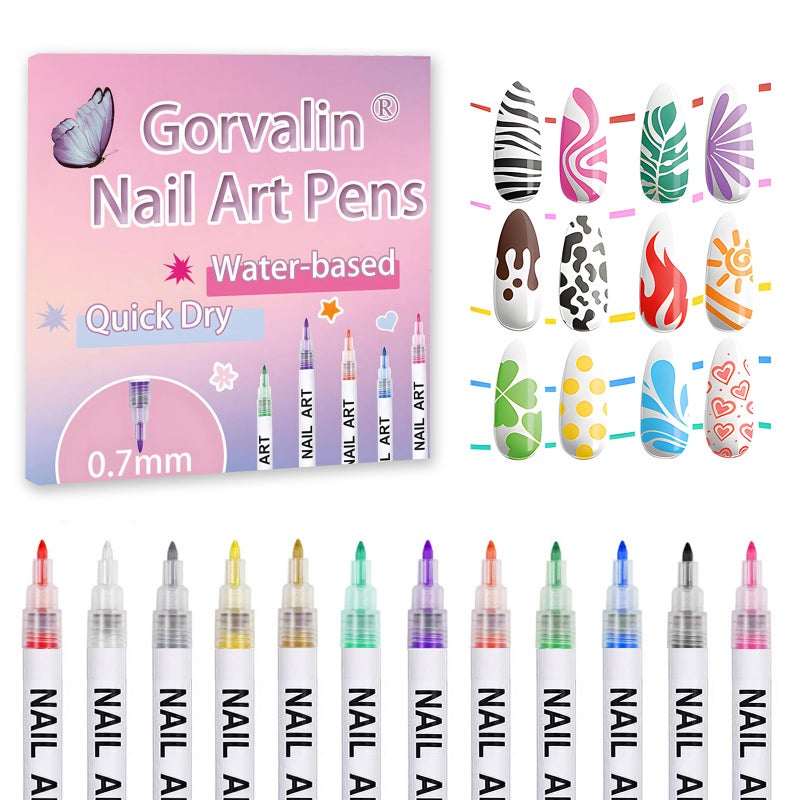 Gorvalin 12 Colors Nail Art Pens, 3D Quick Dry Nail Point Graffiti Dotting Liner Pen Sets Nail Art Painted Pen Drawing Nail Design Kit for Spring Summer Nail DIY Decoration Gift - Image 2