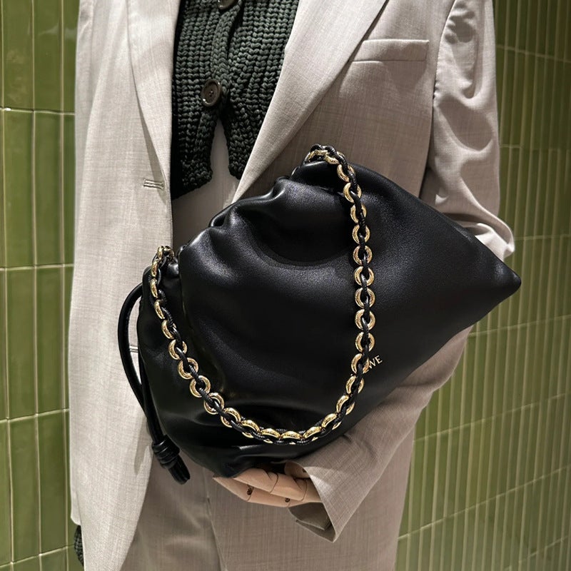 Star Same-Style Chain Fortune Bag Soft Cowhide Clutch Bag Drawstring Bucket Bag Genuine Leather Cloud Bag Underarm Bag Women'S Bag - Image 3