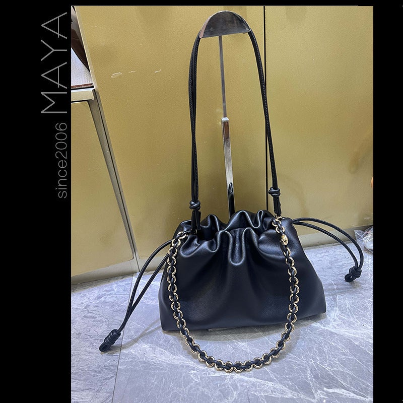 Star Same-Style Chain Fortune Bag Soft Cowhide Clutch Bag Drawstring Bucket Bag Genuine Leather Cloud Bag Underarm Bag Women'S Bag - Image 5