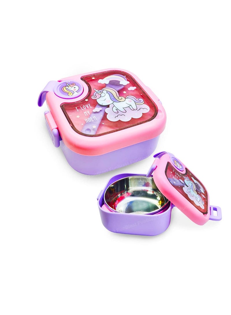 FunBlast Polypropylene Lunch Box For School Kids Unicorn Theme Lunch Box With Spoon  Lunch Box Tiffin Box For School Air Tight Insulated Lunch Box Lunch Box For Dry Foods 750 ML Multicolor - Image 1