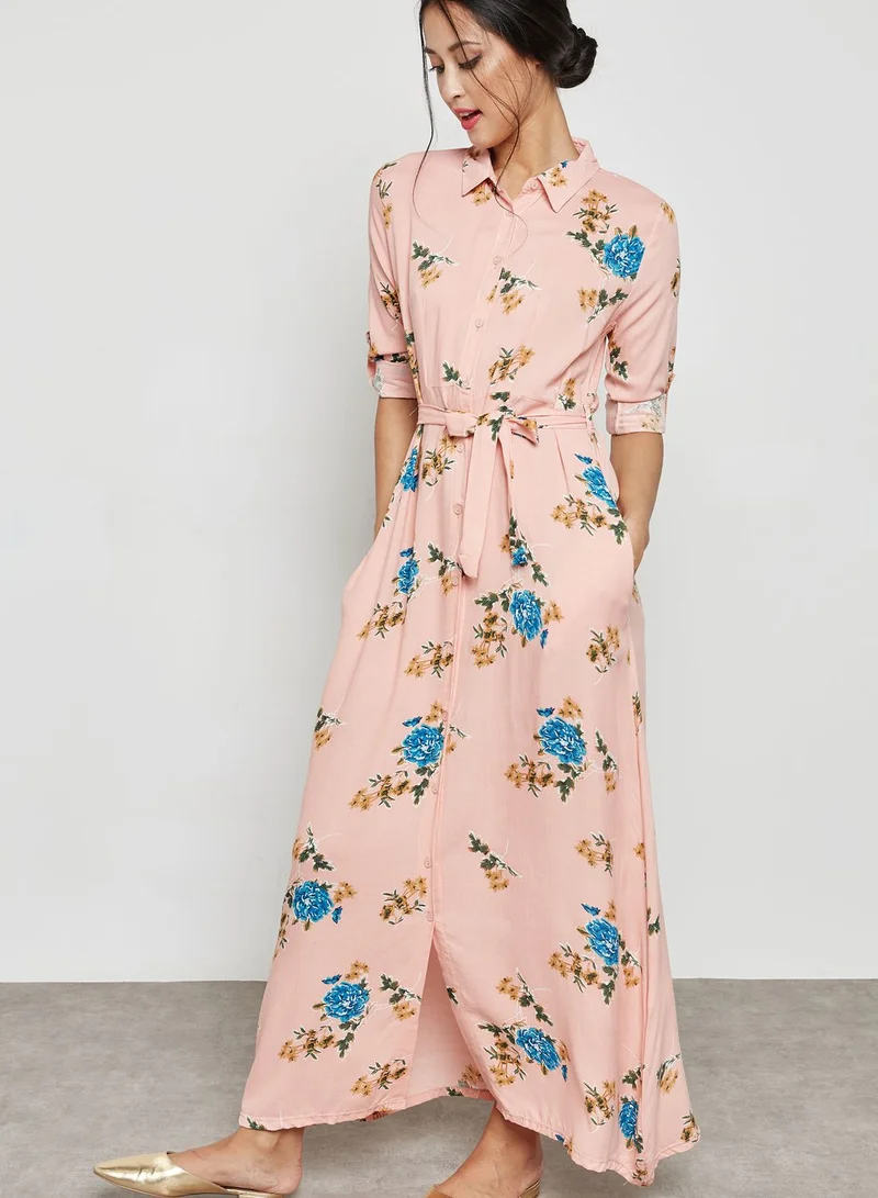 ELLA Floral Print Self Tie Shirt Maxi Dress