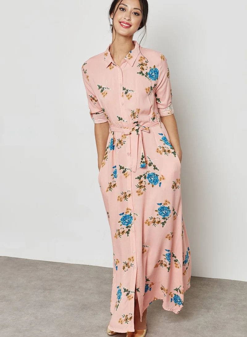 ELLA Floral Print Self Tie Shirt Maxi Dress