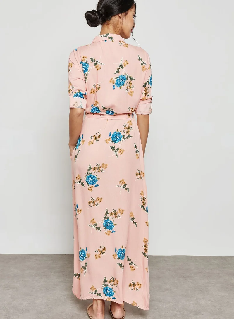 ELLA Floral Print Self Tie Shirt Maxi Dress
