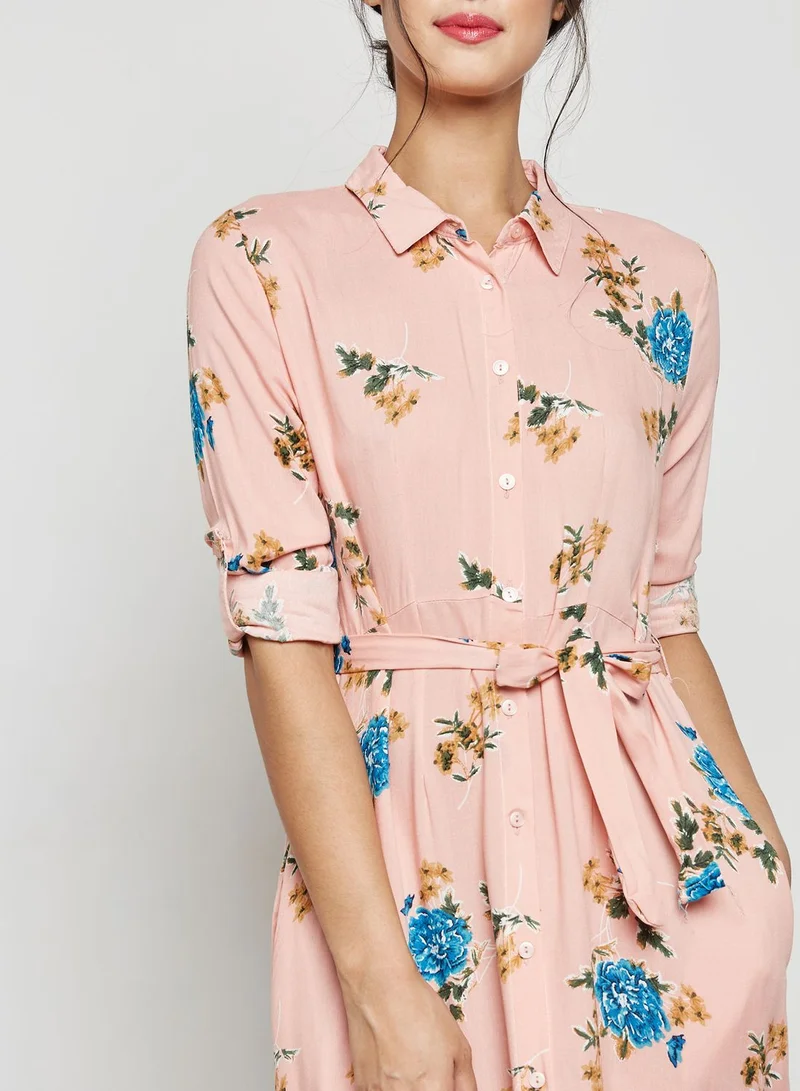 ELLA Floral Print Self Tie Shirt Maxi Dress