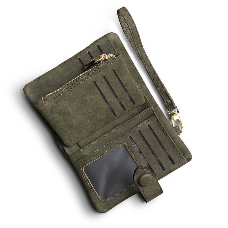 AOXONEL Women's Small Bifold Leather wallet Rfid blocking Ladies Wristlet with Card holder id window Coin Purse (Army Green) - Image 1