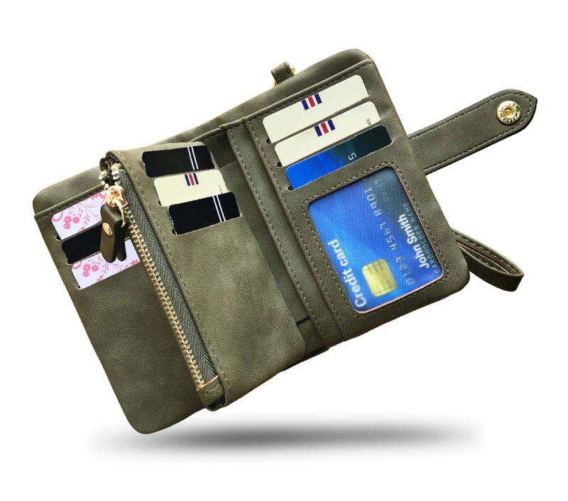 AOXONEL Women's Small Bifold Leather wallet Rfid blocking Ladies Wristlet with Card holder id window Coin Purse (Army Green) - Image 3
