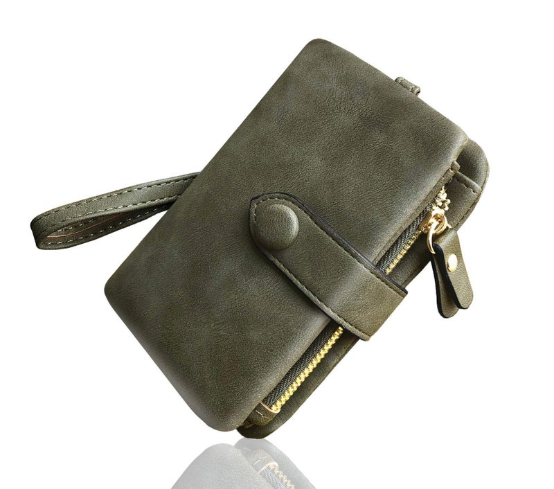 AOXONEL Women's Small Bifold Leather wallet Rfid blocking Ladies Wristlet with Card holder id window Coin Purse (Army Green) - Image 2