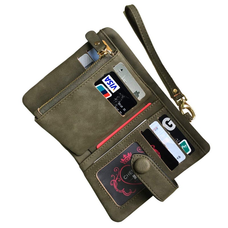 AOXONEL Women's Small Bifold Leather wallet Rfid blocking Ladies Wristlet with Card holder id window Coin Purse (Army Green) - Image 5