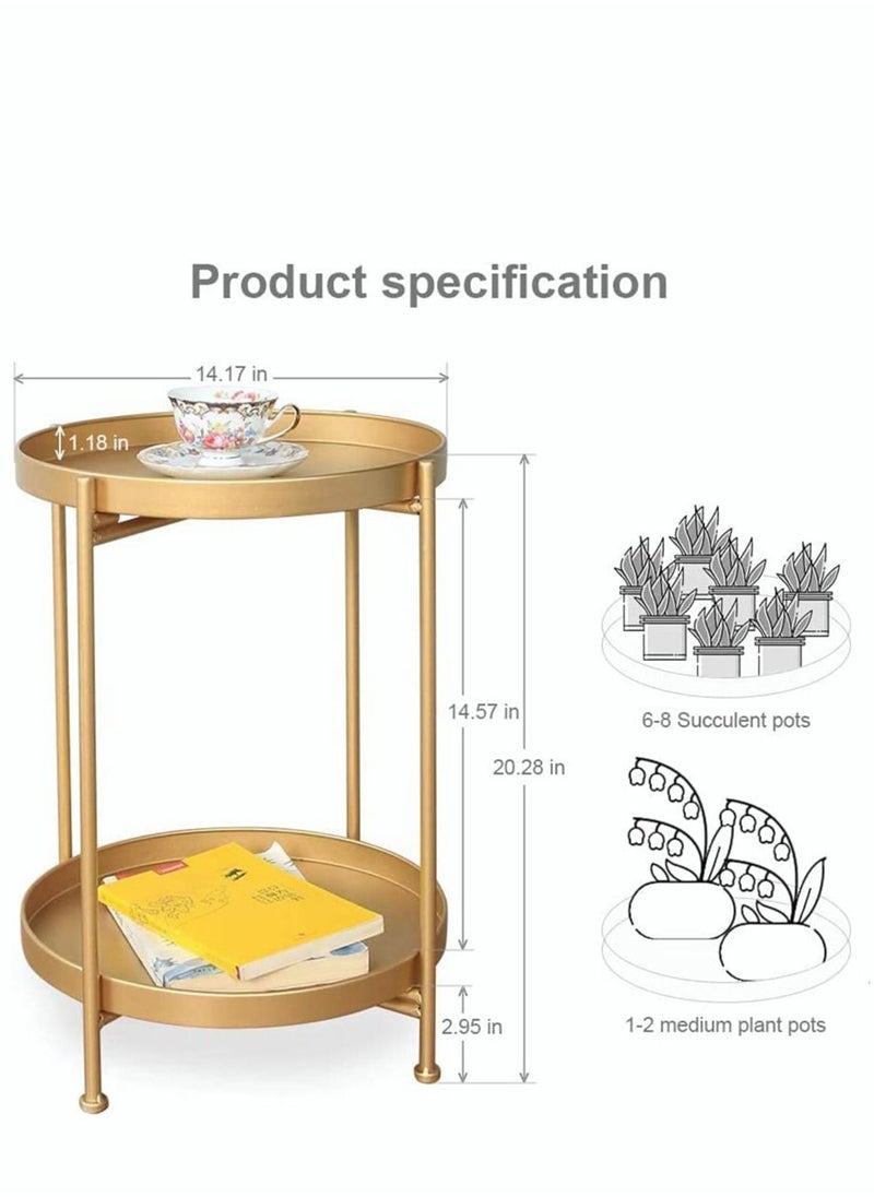 MIXDE Gold Side Table 2 Tier Metal Round End Table Coffee Table Small Sofa Side Table Outdoor Indoor Accent Table Nightstand Waterproof Removable Tray Table for Living Room Bedroom Balcony  - Image 3
