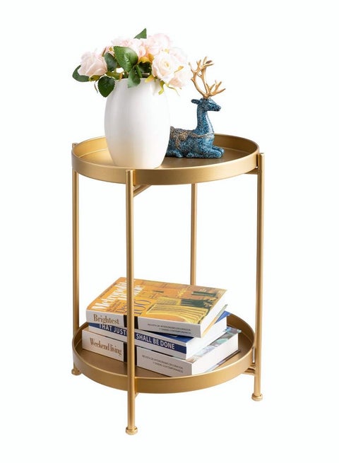 Gold Side Table 2 Tier Metal Round End Table Coffee Table Small Sofa Side Table Outdoor Indoor Accent Table Nightstand Waterproof Removable Tray Table for Living Room Bedroom Balcony