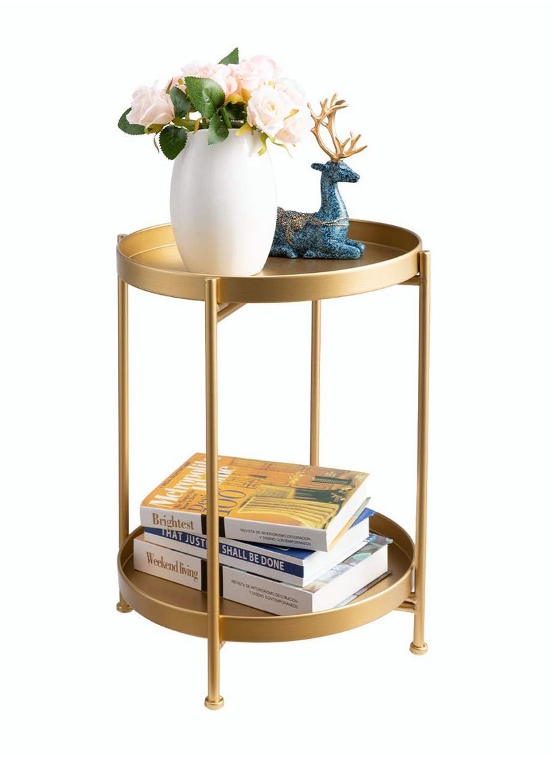 MIXDE Gold Side Table 2 Tier Metal Round End Table Coffee Table Small Sofa Side Table Outdoor Indoor Accent Table Nightstand Waterproof Removable Tray Table for Living Room Bedroom Balcony  - Image 1
