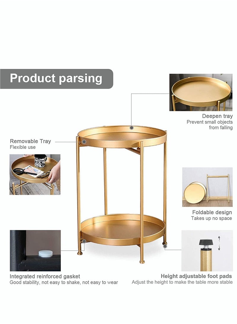 MIXDE Gold Side Table 2 Tier Metal Round End Table Coffee Table Small Sofa Side Table Outdoor Indoor Accent Table Nightstand Waterproof Removable Tray Table for Living Room Bedroom Balcony  - Image 4