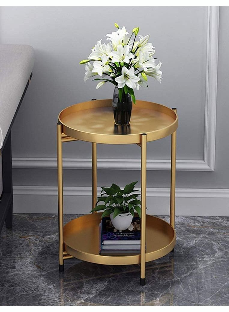 Gold Side Table 2 Tier Metal Round End Table Coffee Table Small Sofa Side Table Outdoor Indoor Accent Table Nightstand Waterproof Removable Tray Table for Living Room Bedroom Balcony