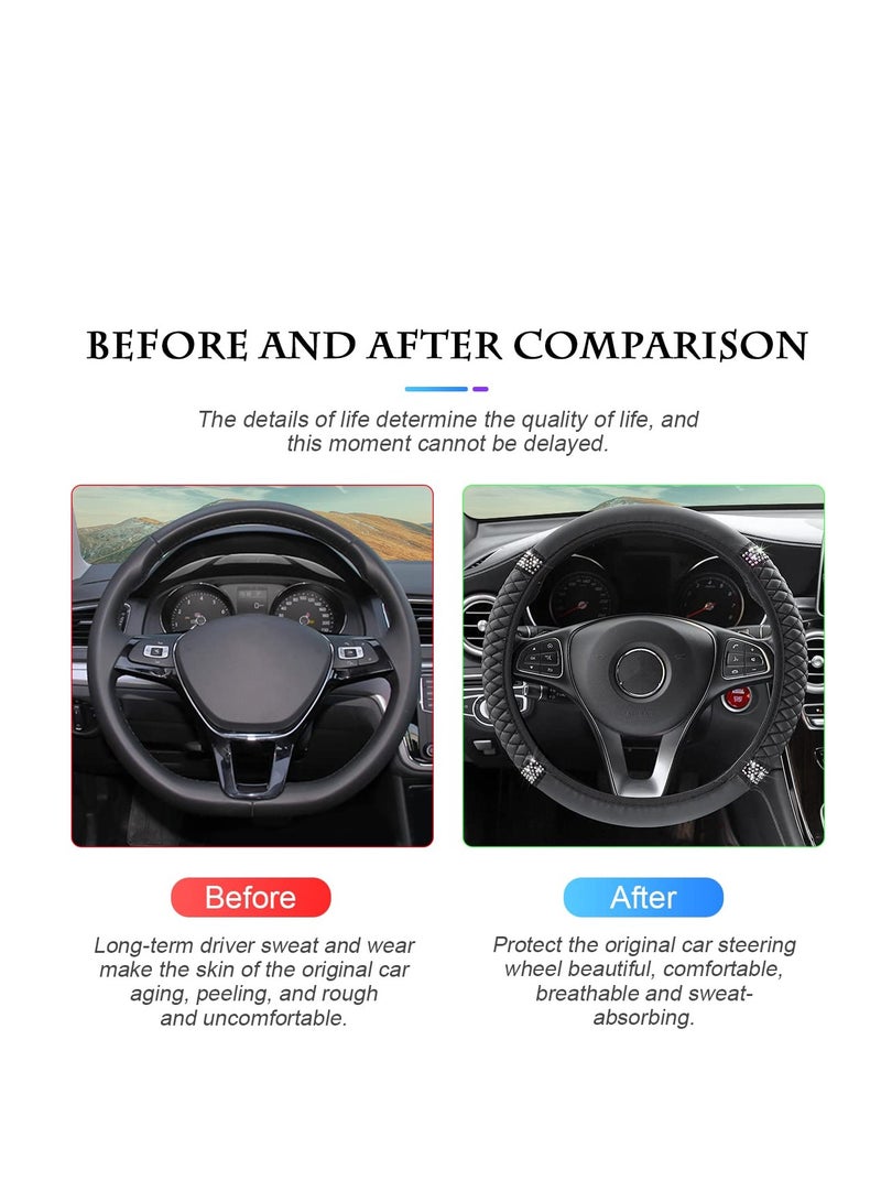 SYOSI Car Steering Wheel Cover, Bling Leather Steering Wheel Cover, 15 Inch Rhinestones Auto Steering Wheel Protector, with Rhinestones Soft Interior Accessories for Women and Girl for Most Cars(Black) - Image 4