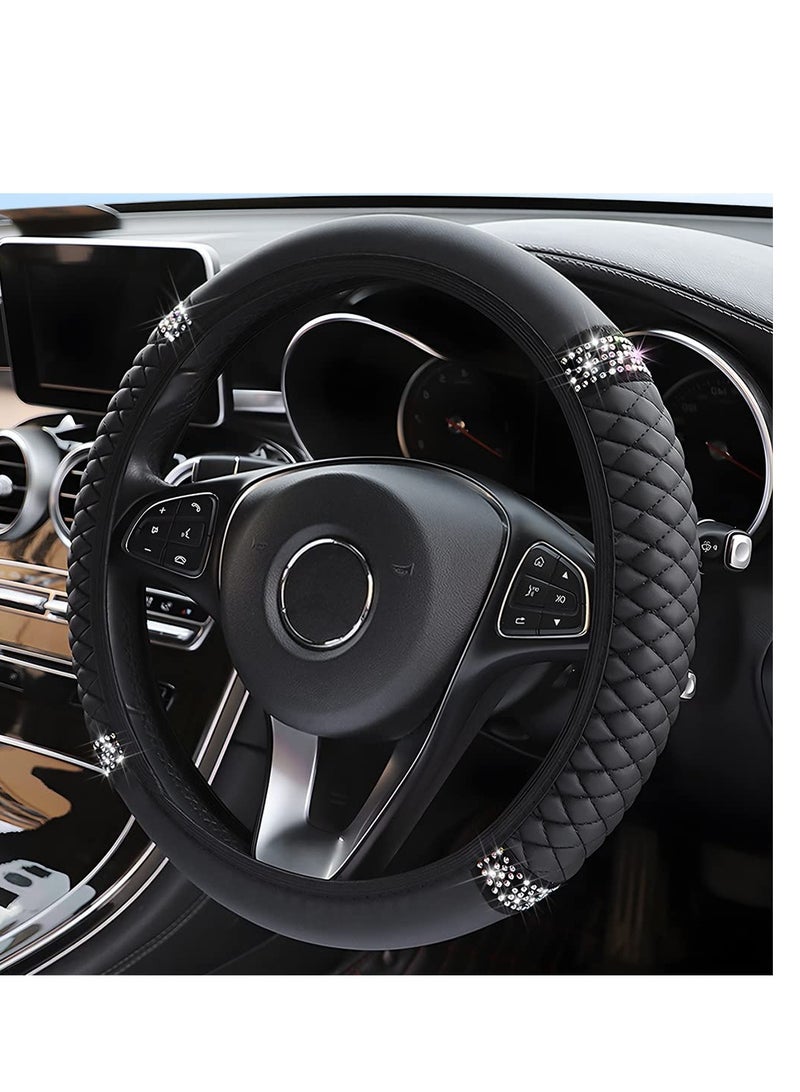 SYOSI Car Steering Wheel Cover, Bling Leather Steering Wheel Cover, 15 Inch Rhinestones Auto Steering Wheel Protector, with Rhinestones Soft Interior Accessories for Women and Girl for Most Cars(Black) - Image 1