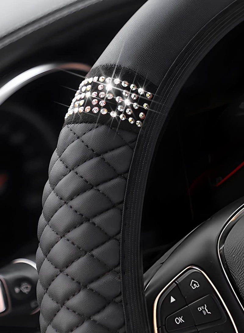 SYOSI Car Steering Wheel Cover, Bling Leather Steering Wheel Cover, 15 Inch Rhinestones Auto Steering Wheel Protector, with Rhinestones Soft Interior Accessories for Women and Girl for Most Cars(Black) - Image 2