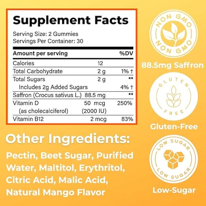 Loom Saffron Gummies with Vitamin D3 & B12 – Natural Mood & Energy Support for Emotional Balance and Stress Relief – Tropical Mango, 60 Count (60 Count, Mango) - Image 2