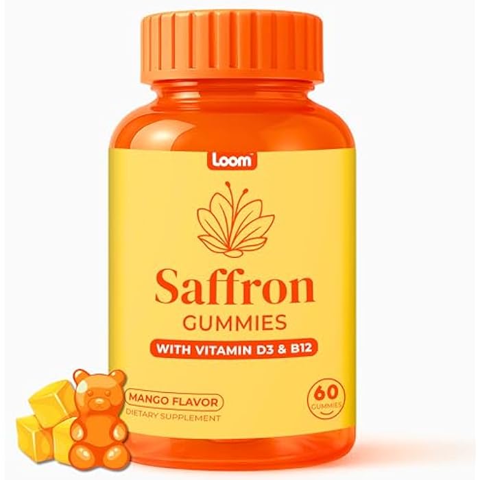 Loom Saffron Gummies with Vitamin D3 & B12 – Natural Mood & Energy Support for Emotional Balance and Stress Relief – Tropical Mango, 60 Count (60 Count, Mango) - Image 1
