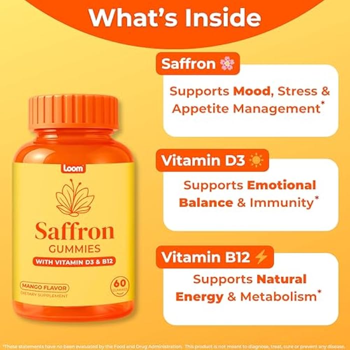 Loom Saffron Gummies with Vitamin D3 & B12 – Natural Mood & Energy Support for Emotional Balance and Stress Relief – Tropical Mango, 60 Count (60 Count, Mango) - Image 3