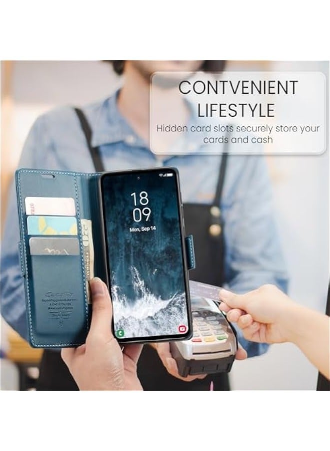 CaseMe Samsung Galaxy S23 FE RFID Blocking Case with Card Holder - Durable Leather Flip Case, Kickstand, Magnetic Closure - Shockproof and Stylish (Blue) - Image 3