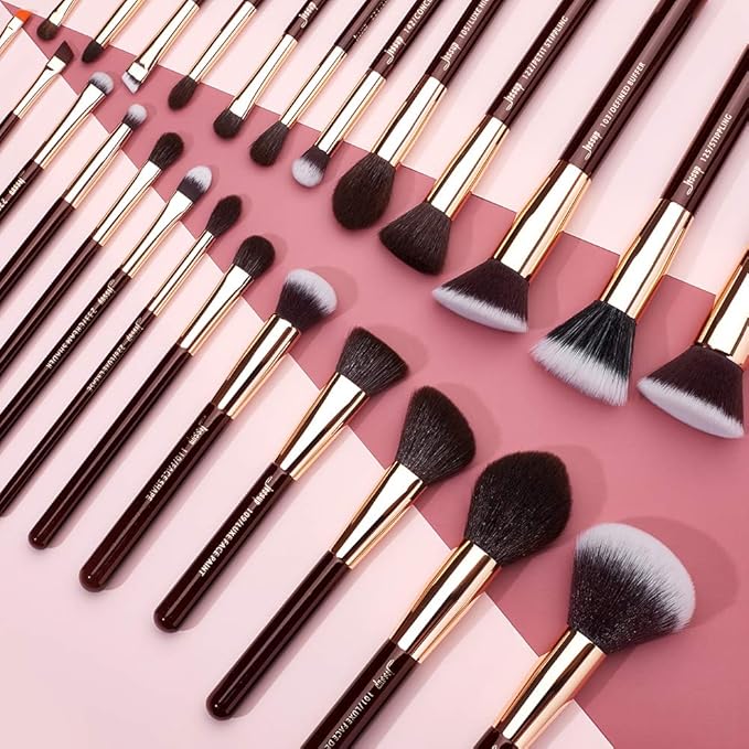 Jessup مجموعة فرش مكياج احترافية من جيسوب 25 قطعة - أساس، بودرة، خافي عيوب، ظلال عيون، دمج، أحمر خدود، هايلايتر، فرش شعر طبيعي وصناعي، أسود وفضي T175