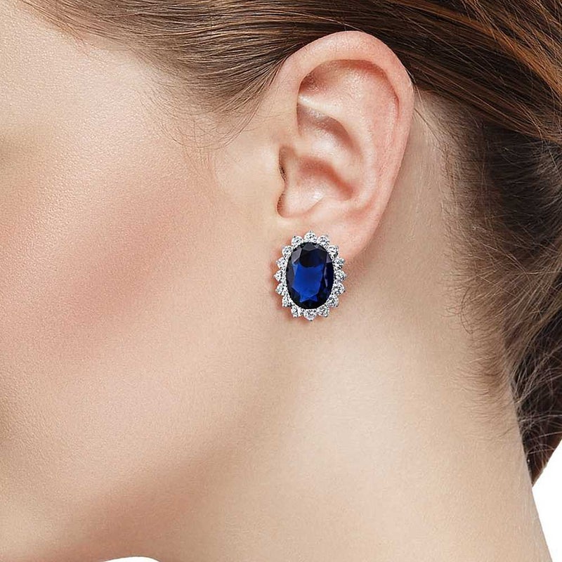 Gem Stone King 15.00 Cttw Blue Simulated Sapphire or Green Simulated Emerald or Red Created Ruby Halo Earrings For Women In 925 Sterling Silver | Oval 14X10MM - Image 5