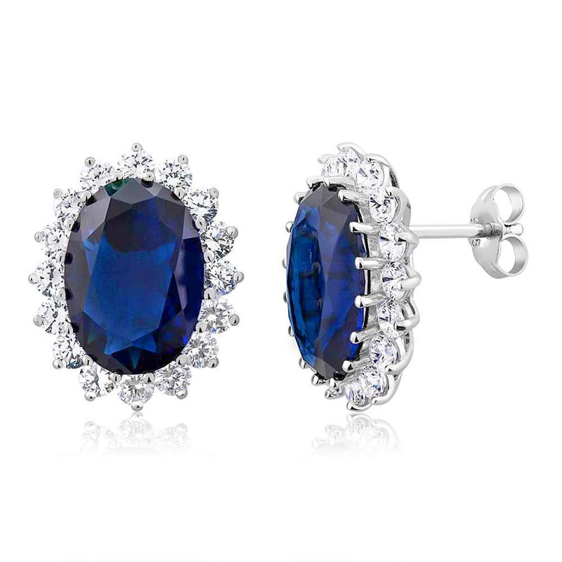 Gem Stone King 15.00 Cttw Blue Simulated Sapphire or Green Simulated Emerald or Red Created Ruby Halo Earrings For Women In 925 Sterling Silver | Oval 14X10MM - Image 1